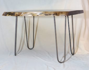 live edge / table / walnut / side table / accent table / hand forged / handcrafted / mid century modern /  hairpin legs
