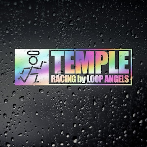 以下が含まれることがあります： 虹色のグラデーションデザインのステッカーで、"TEMPLE RACING by LOOP ANGELS"というテキストと、ハローが付いたスタイリッシュな棒人間が描かれています。