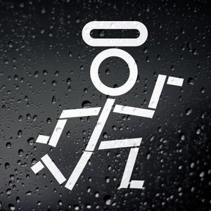 May include: A white stick figure with a halo running on a black background with water droplets.