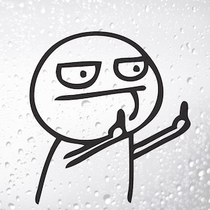 May include: A black and white line drawing of a stick figure with its tongue sticking out and giving the middle finger.