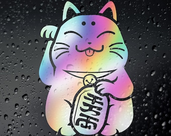 May include: A rainbow-colored lucky cat figurine with a wide grin and a bell around its neck. The cat is holding a gold coin with the Japanese word "福" (meaning "good fortune") written on it.