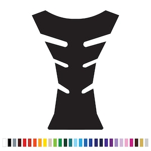 May include: Black motorcycle tank protector with a distinctive shape and cut-out design. The protector is designed to fit the contours of a motorcycle fuel tank, offering protection against scratches and wear.