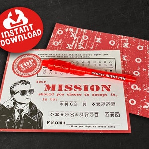 Stylo espion Agent secret Saint-Valentin imprimable. TÉLÉCHARGEMENT IMMÉDIAT. Carte d'espionnage de la Saint-Valentin.