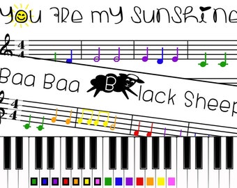 You Are My Sunshine and Baa Baa Black Sheep - Color Coded Beginner Piano Music Sheet Printable INSTANT DOWNLOAD