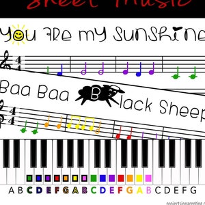 May include: Colour-coded beginner piano sheet music featuring the songs "You Are My Sunshine" and "Baa Baa Black Sheep". The sheet music is shown above a keyboard with the notes labelled with the letters A through G.
