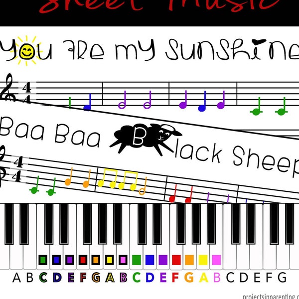 You Are My Sunshine and Baa Baa Black Sheep - Color Coded Beginner Piano Music Sheet Printable INSTANT DOWNLOAD