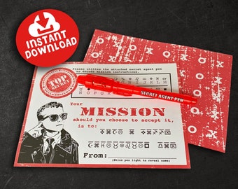 Spy Pen Secret Agent Valentine Printable. INSTANT DOWNLOAD. Spy Valentine's Day Card.