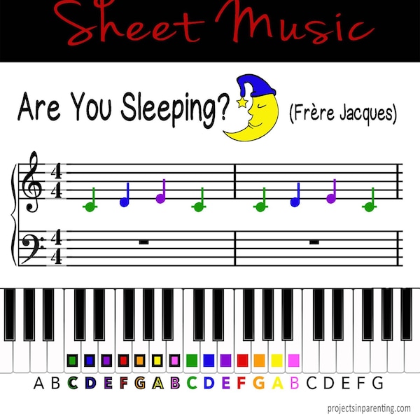 Are You Sleeping? (Frère Jacques) Color Coded Beginner Piano Music Sheet