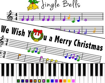 Jingle Bells and We Wish You a Merry Christmas - Color Coded Beginner Piano Music Sheets for Chrismas