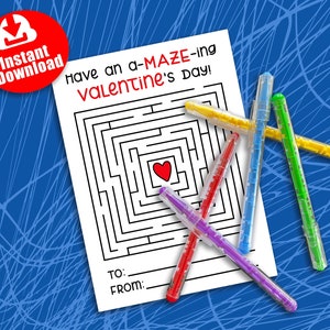 Può includere: Un biglietto di San Valentino stampabile con un labirinto e il testo "Have an a-MAZE-ing Valentine's Day!" Il biglietto ha uno spazio per scrivere "To:" e "From:".