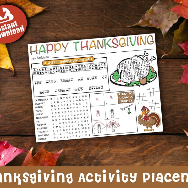 Thanksgiving Activity Placemat Printable Page for Kids, Games, Instant Download, Maze, Word Search, Secret Decoder Message