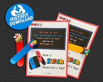 Video Game Valentine Printable. INSTANT DOWNLOAD. Mario Valentine's Day Card.