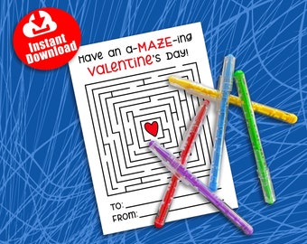 Maze Pen Valentine Printable. INSTANT DOWNLOAD. DIY. Fun Valentines for Kids.