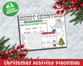 Christmas Holiday Activity Placemat Printable Page for Kids, Games, Instant Download, Maze, Word Search, Secret Decoder Message