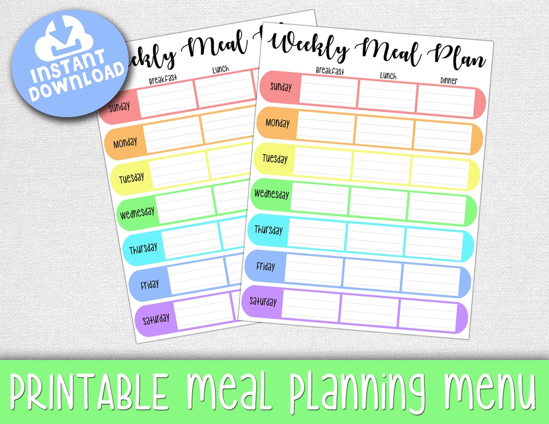 Weekly Meal Planner Printable: Colorful Family Menu (PDF Download) - Etsy