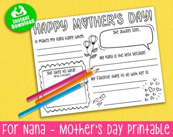 Nana Mother's Day Questionnaire: Fill-in Card, Coloring Page (Digital Download)