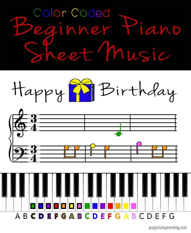 Happy Birthday Color Coded Beginner Piano Music Sheet - Etsy