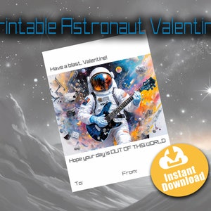 Astronauta tocando guitarra no Dia dos Namorados para impressão. Download instantâneo, cartões DIY de Dia dos Namorados para sala de aula. IA gerada.