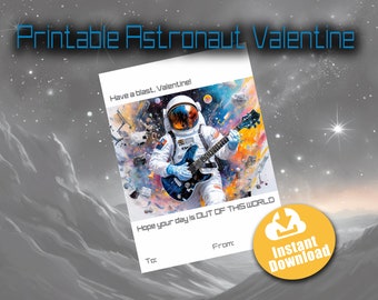 Astronaut Playing Guitar Valentine Printable. Instant Download, DIY Valentine's Day Cards for Classroom. AI Generated.