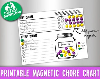 Chore Chart Printable, DIGITAL FILE, Daily and Weekly Allowance, Individual Child