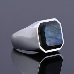 Achteck Handgemachter Ring, Massiv Silber / Gold Schlichter Ring, Unisex Labradorit Ring, Mystischer Edelstein Jahrestag Ring, Einzigartiges Stilvolles Männer Geschenk