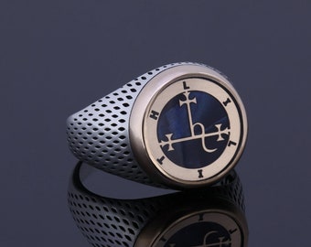 Sigil Of Lilith Ring, Satanic Seal Baphomet Evil Angel Goddess Ring, Lilith Loves Blue Pearl Handmade Customized 925 Silver Gothic Jewelry