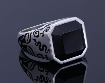 Unmatched Sigil Of Lilith Ring, Serpent Glyph Seal Satanic Baphomet Goddess Ring Octagon Onyx Gemstone Handmade Silver Gothic Jewelry 925