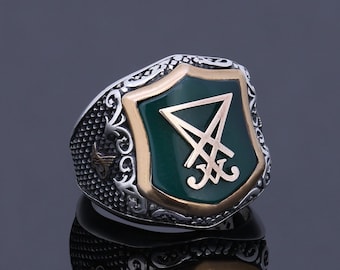 Einzigartiger Herren Sigil Of Lucifer Ring für Männer Grüner Achat Edelstein Mann Schmuck Satanist Silber graviert Teufel Siegel des Satans Ring Symbol Signet