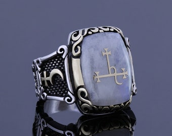 Unmatched Sigil Of Lilith Ring, Serpent Glyph Seal Satanic Baphomet Goddess Ring Natural Moonstone Handmade Customized Silver Gothic Jewelry