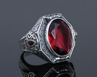 Herrring med rubinsten, barock ornament, jubileumsring, medeltida silverförlovningssmycken, juli födelsesten vintage handgjord unik gåva
