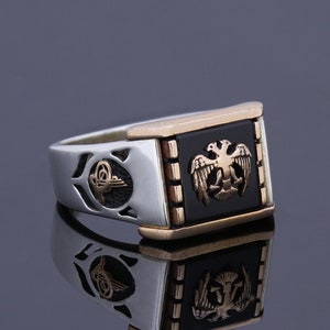 Mens Ring Double Headed Eagle Ottoman Ring For Men Onyx Gemstone Man Jewelry Silver Square Vintage Scottish Rite Ring Mason Signet Ring
