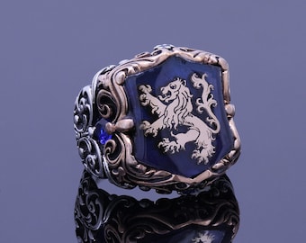 Mens Lion Rampant Ring, Exclusive Scottish Ring, Blue Pearl Stone Loyalty Ring Heraldic Lion, Customized Signet Ring