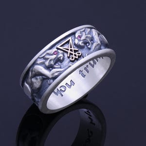 Anillo único con el sello de Lucifer de Puma, hecho a mano en plata de ley, joyería satánica, banda del diablo grabada, anillo con el sello de Satanás, anillo de compromiso gótico.