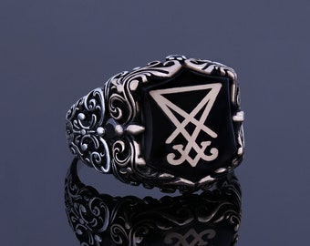 Unique Mens Sigil Of Lucifer Ring For Men Silver Men Jewelry Satanist Silver Engraved Devil Seal of Satan Ring Custom Made Baphomet Ring