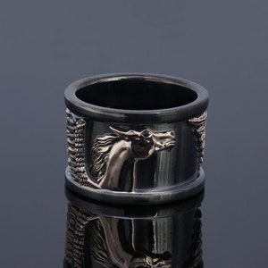 Elegant Pegasus Ring, Mythological Sculpted Band Handmade Unisex Sterling Silver Jewelry Engraved Timeless Fancy Jewelry Gold Made Available