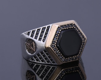 Sigil Of Lucifer Ring, Black Onyx Ring, Natural Stone Man Jewelry, Occult Luciferian Jewelry, Gothic Baphomed Ring Devil Seal of Satan Gift