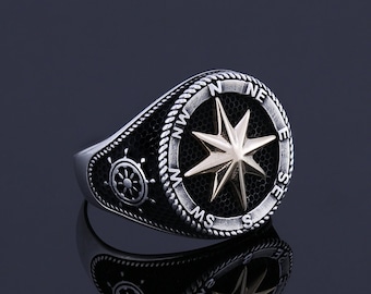 Anillo de brújula para hombre, anillo de ancla para hombres, joyería de la marina, anillo de sello de marinero, sello de marinero, dirección de marinero, timón, regalo de aniversario auténtico y fresco