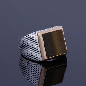 Herren Tigerauge Ring, Gravur Sterling Silber Braun Quadrat Edelstein Ehering, Schutz Zeitgenössisch Schmuck, Handgemachter Versprechen Ring