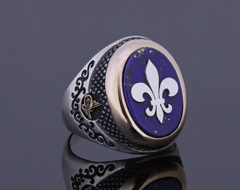 Mens Fleur De Lis Ring Lapis Lazuli Natural Stone Man Heraldic Jewelry Handmade 925 Silver Vintage Lily Signet Lys France Symbol Heraldic