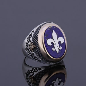 Mens Fleur De Lis Ring Lapis Lazuli Natural Stone Man Heraldic Jewelry Handmade 925 Silver Vintage Lily Signet Lys France Symbol Heraldic