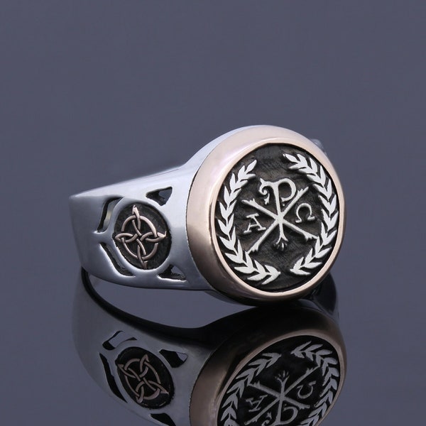 Mens Chi Rho Ring Christogram Christianity Triquetra Ring Christian Rings For Men Trinity Knot Religious Cross Signet Ring Spiritual Jewelry