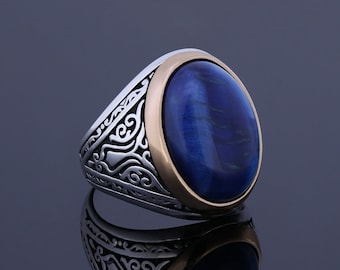 Men Blue Tiger Eye Ring, Unique Vintage Engraved Guy Engagement Band, Medieval Magic Statement Ring Silver Occult Anniversary Jewelry Gift