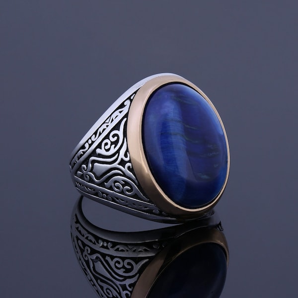 Men Blue Tiger Eye Ring, Unique Vintage Engraved Guy Engagement Band, Medieval Magic Statement Ring Silver Occult Anniversary Jewelry Gift