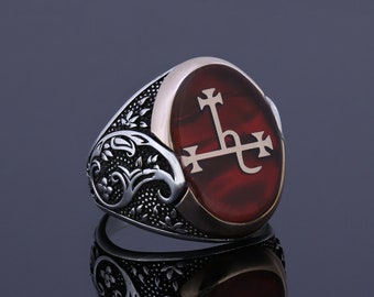 Sigil Of Lilith Ring, Satanic Seal Baphomet Evil Angel Goddess Ring, Lilith Loves Red Pearl Handmade Customized 925 Silver Gothic Jewelry
