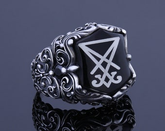Unique Mens Sigil Of Lucifer Ring For Men Silver Men Jewelry Satanist Silver Engraved Devil Seal of Satan Ring Custom Made Baphomet Ring