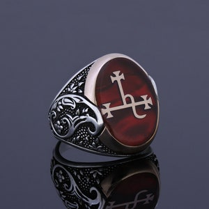 Sigil Of Lilith Ring, Satanic Seal Baphomet Evil Angel Goddess Ring, Lilith Loves Red Pearl Handmade Customized 925 Silver Gothic Jewelry