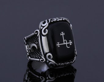 Unmatched Sigil Of Lilith Ring, Serpent Glyph Seal Satanic Baphomet Goddess Ring Natural Onyx Stone Handmade Custom Silver Gothic Jewelry