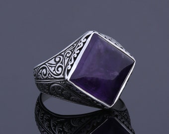 Anillo de plata con amatista natural para hombre, anillo de compromiso vintage con piedras preciosas, anillo de protección tallado único para hombre, regalo de joyería bizantina.