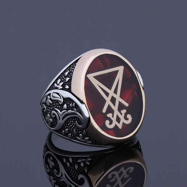 Unique Mens Sigil Of Lucifer Ring, Occult Baphomet Jewelry, Satanic Silver Engraved Devil Seal of Satan Ring, Gothic Morningstar Ring Custom