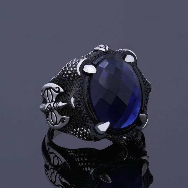 Mens Blue Sapphire 925 Silver Cocktail Ring, Brilliant Claw Blue Stone Statement Jewelry, Engraved Viking Ax Warrior Gift Protection Ring